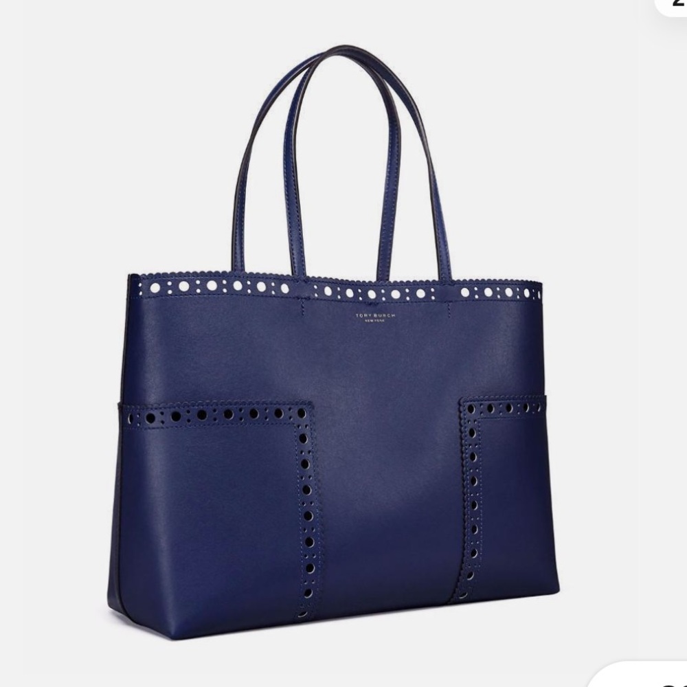 Tory Burch Block T Brogue Leather Tote Blue
